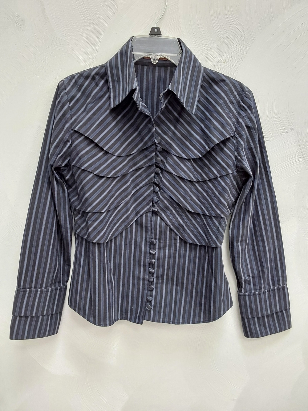 Button Front Blouse 100% Cotton Contemporary Tailored Navy Striped Small